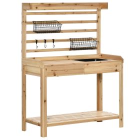 Outsunny Garden Potting Bench Table Workstation with Metal Sieve Screen Sink Hooks Natural