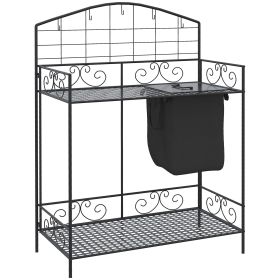 Outsunny Potting Worktable Steel Work Surface with Large Inbuilt Sack Cover 5 Hanging Hooks Storage Shelf