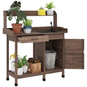 Outsunny Potting Bench Table with Sink, Outdoor Work Bench Table with Storage Cabinet and Hooks, for Greenhouse, Garden, Patio, Dark Brown