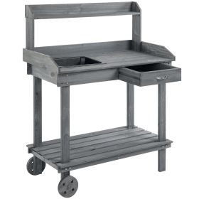 Outsunny Potting Bench with Wheels Sink Drawer Storage Spaces Wooden Gray