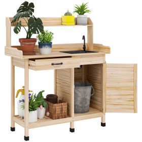 Outsunny Potting Bench Table with Sink, Outdoor Work Bench Table with Storage Cabinet and Hooks, for Greenhouse, Garden, Patio, Natural Wood