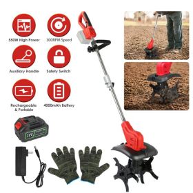 21V Electric Cordless Electric Soil Cultivator - 550W High Power 300RPM, 4-Blade 16 Steel Tines , 4000mAh Battery + Battery Display