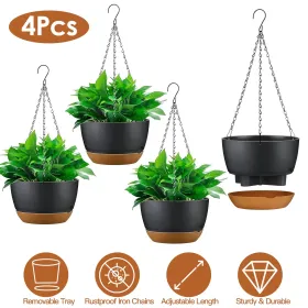4Pcs 9.64In Diameter Hanging Planter With Drainage Holes Removable Self-Watering Tray Plastic Hanging Flower Plant Pots For Indoor Outdoor Herb I (Option: AS PIC)