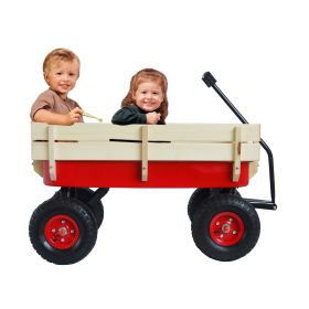 Outdoor Sport Wagon Tool Cart Wooden Side Panels Pneumatic Tire Wagon - Red (Color: Red)