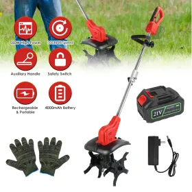 21V Electric Cordless Tiller Cultivator Powered Garden Tiller With 4 Blades 16 Steel Tines 550W 300RPM 4000mAh Battery Tilling 9-in Width & 9-in (Option: Black Red)