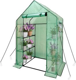 Walk In Greenhouse With Shelves,Walk-In Plant Green House With Durable Green PE Cover, 3 Tiers 6 Shelves Stands with Ground Pegs & Ropes for Stab (Style: Walk-in)