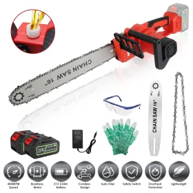 16Inch Electric Cordless Chainsaw With 2Pcs 21V 3.0Ah Battery And Charger Brushless Battery Operated Handheld Chainsaw With Auto Oiler Safety Swi (Color: Red)